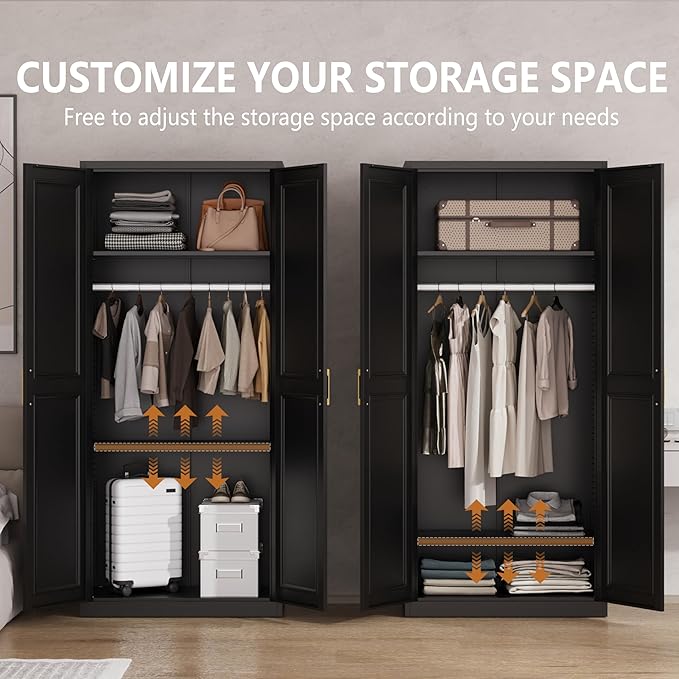 Metal Armoire Wardrobe Closet with Hanging Rod, 71" Tall Wardrobe Cabinet for Clothes, Black Clothing Storage Cabinet with Doors and Shelves, Large Wardrobes for Bedroom-Assemble Required