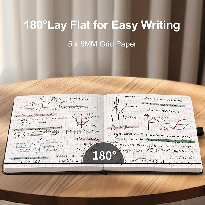AHGXG Graph Paper Notebook - Grid Notebook Journal A5, 120 GSM Thick Graph Paper, 160 Pages, Leather Hardcover, for Graphing, Writing, Math, Engineering, 5.75'' × 8.38''- Black