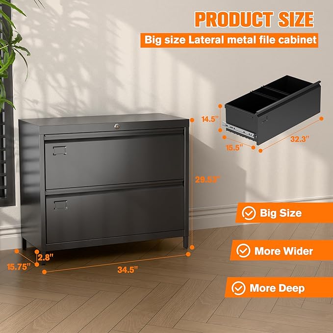 Lateral File Cabinet with 2 Drawers, Metal Wide Lateral Filing Cabinet with Lock for Hanging Files Letter/Legal/F4/A4 Size for Home Office School, 2 Drawer, Assembly Required, Black