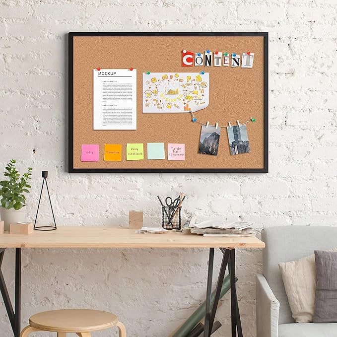 Board2by Cork Board Bulletin Board 24“ x 18”, Black Wood Framed Corkboard, Office Board for Wall Cork, Large Wall Mounted Notice Pin Board with 16 Push Pins for School, Home & Office