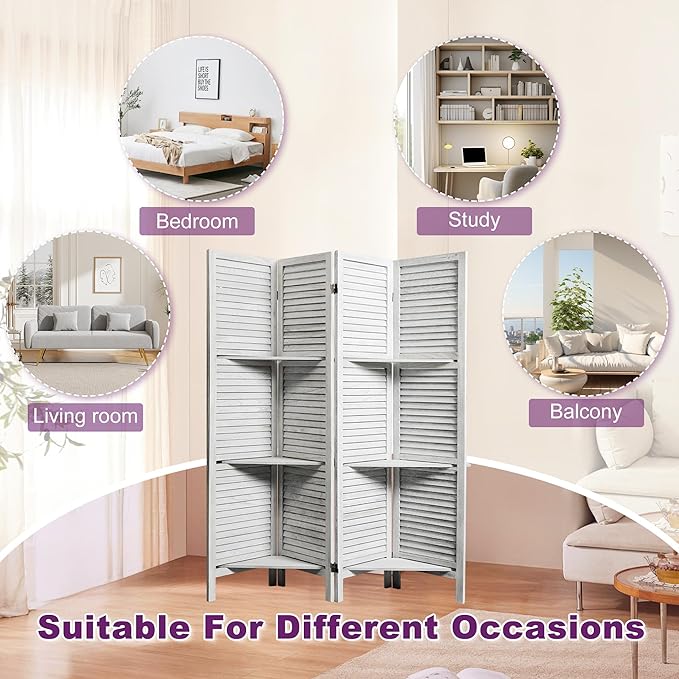 Room Divider with Shelves, 5.6FT Folding Room Divider Panel, 4 Panel Wood Partition Wall Divider for Room Separation, White