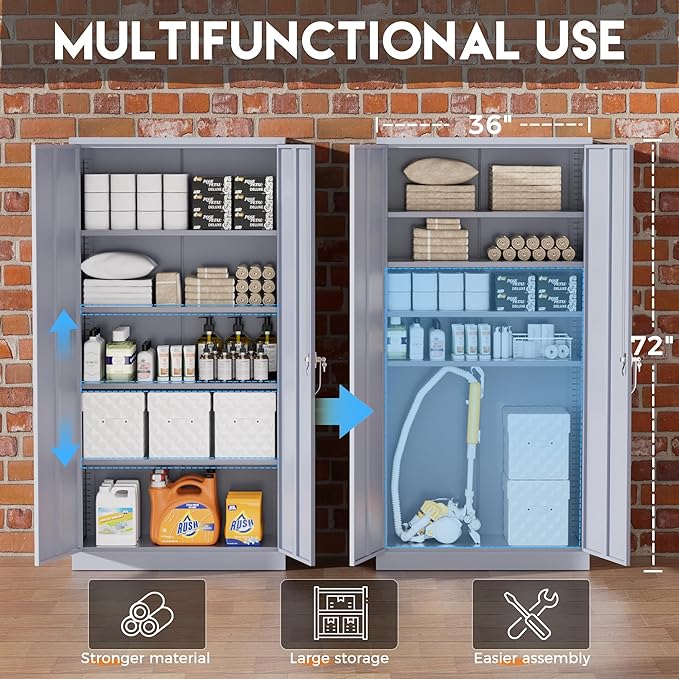 Greenvelly Metal Storage Cabinet with Doors, 72" Lockable Steel Garage Storage Cabinet with Shelves, Dark Grey 36" W x 18" D