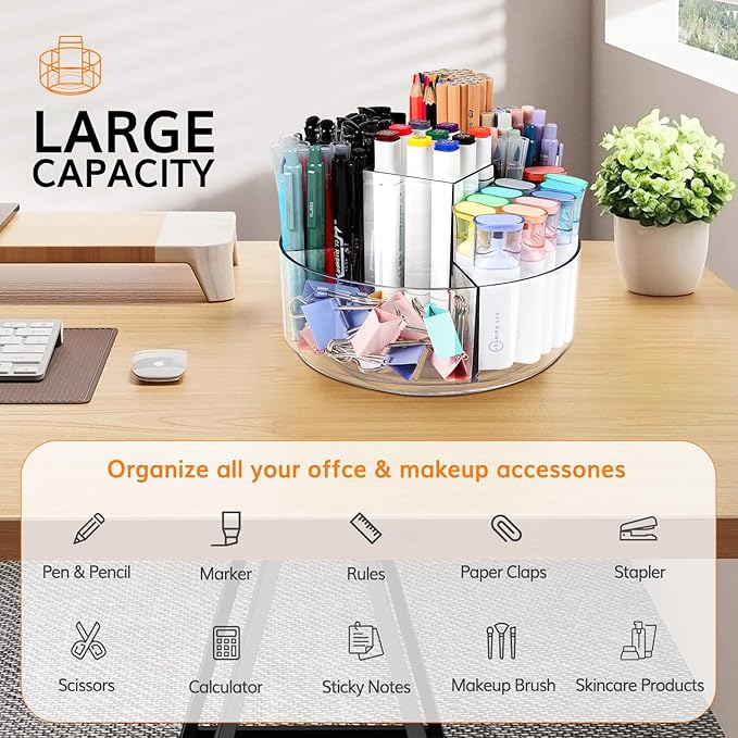 Rotating Pencil Holder for Desk, 5 Slots 360-Degree Spinning Acrylic Pen Holder for Desk, Marker Holder Caddy Art Supply Organizer Pen Organizer for Office Home School