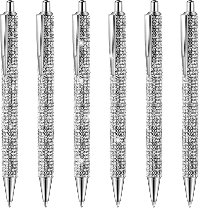 Jeyiour 6 Pcs Bling Pen Cute Diamond Wedding Rhinestones Gift Metal Ballpoint Fancy Sparkly Crystal Retractable Black Ink Pen for Women Office Birthday 0.7mm(Silver)
