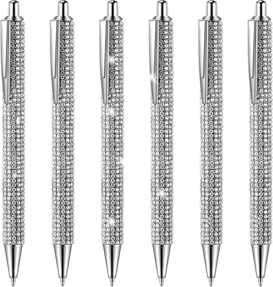 Jeyiour 6 Pcs Bling Pen Cute Diamond Wedding Rhinestones Gift Metal Ballpoint Fancy Sparkly Crystal Retractable Black Ink Pen for Women Office Birthday 0.7mm(Silver)