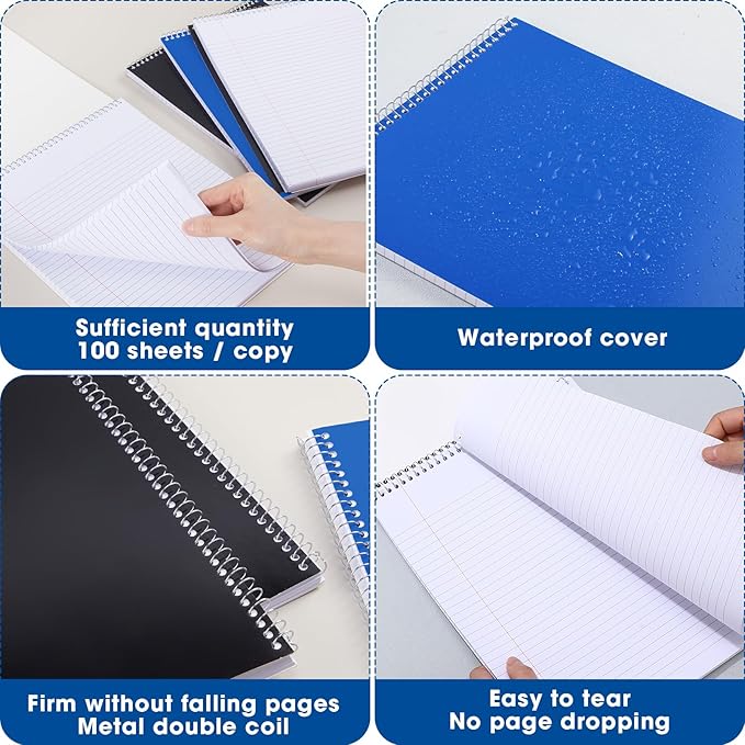 Faccito 12 Pack Top Steno Spiral Notebooks Bulk Top Bound Steno Pads Spiral Book11 x 8-1/2" 100 Sheets College Ruled Paper Notebooks for Office School University Work Supplies (Black,Blue)