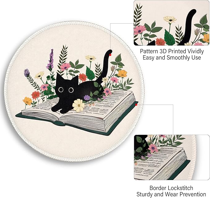 Book Black Cat Floral Flowers Mouse Pad, Small Round Mousepads for Desk, Mini Travel Mouse Mat for Wireless Computer Laptop, Work Office Desk Accessories, 8.6 x 8.6 inch