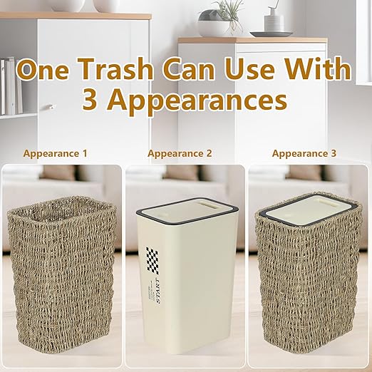Trongee Boho Trash Can with Lid, 3 Gallon Small Rattan Trash Can with Press Top - Image 3