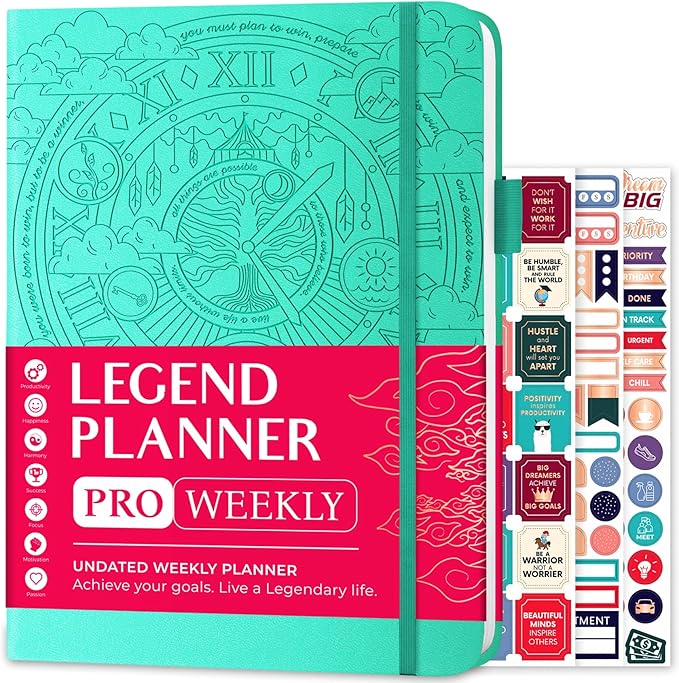 Legend Planner PRO – Deluxe Weekly & Monthly Life Planner to Increase Productivity and Hit Your Goals. Time Management Organizer Notebook – Undated – 7 x 10" Hardcover + Stickers – Mint Green