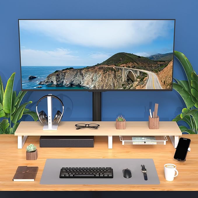 Aothia Dual Monitor Stand Riser - Monitor Stand with Drawer,Monitor Stand For 2 Monitors, Desk Shelf For Monitor with Metal Legs, Wood Monitor Stand with Storage Organize For Pc,Laptop,Screen (Oak)