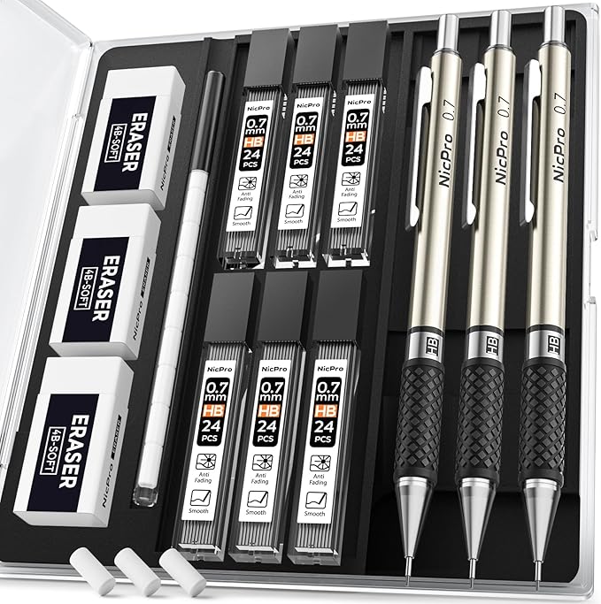Nicpro 0.7 mm Art Mechanical Pencil Set in Storage Case, 3 PCS Metal Drafting Pencil Lead Pencil with 6 Tube HB Lead Refills, 3 Erasers, 9 PCS Eraser Refills for Artist Writing, Drawing, Sketching