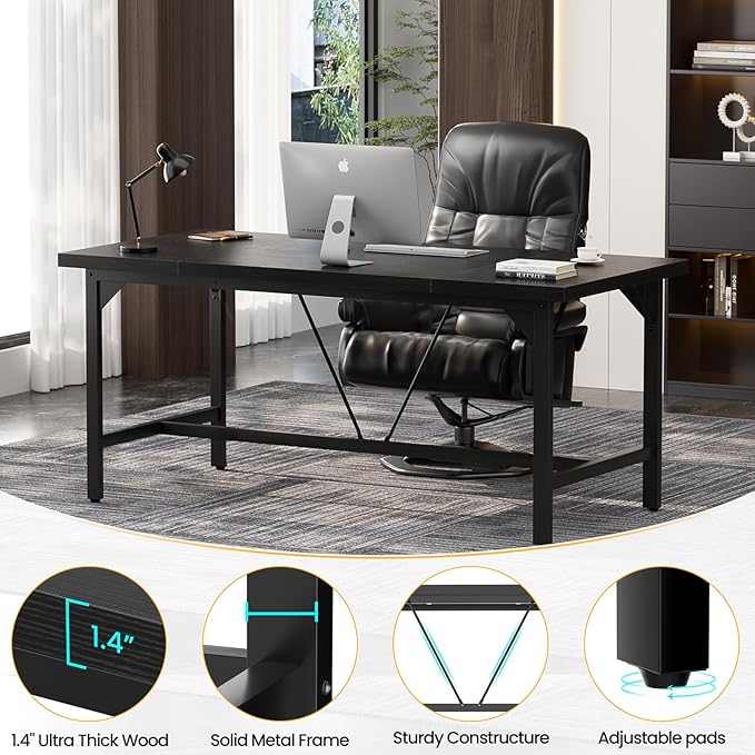Unikito 63 Inch Computer Desk, Sturdy Large Office Desks, Premium 2 Person Long Desk, Super Thick Study Writing Gaming Table, Modern Computer Table for Home Office Workstation, Easy to Assemble, Black
