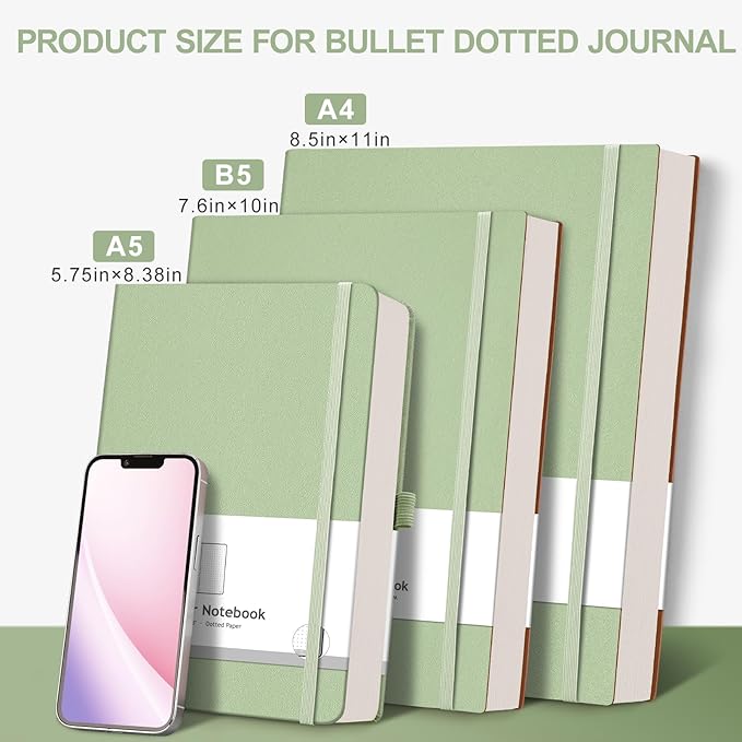 AHGXG Bullet Dotted Journal - Large A4 Notebook Dotted, 8.5''×11'', 320 Pages Dot Grid Notebook, 100gsm Thick Paper, Leather Softcover, with Journal Stencils, Inner Pocket - LightGreen