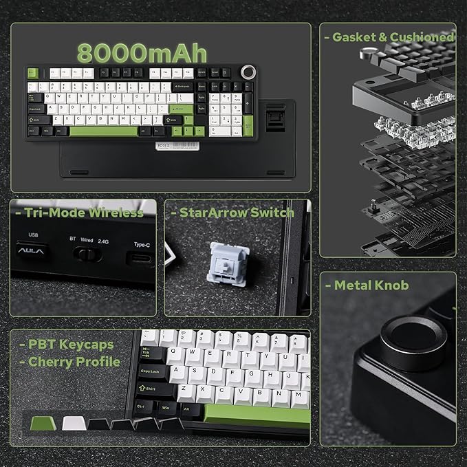EPOMAKER X Aula F99 PRO Wireless Gaming Keyboard with 8000mAh Battery, Hot Swappable Creamy Keyboard, 2.4GHz/Type-C/BT5.0, NKRO, RGB Backlit for Win/Mac/Gaming (Black&White&Green)