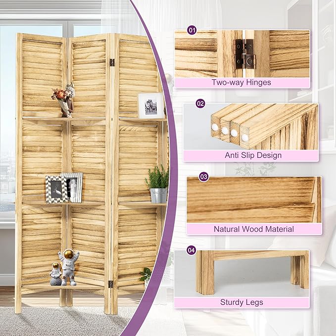 Room Divider with Shelves, 5.6FT Folding Room Divider Panel, 4 Panel Wood Partition Wall Divider for Room Separation, Natural Wood