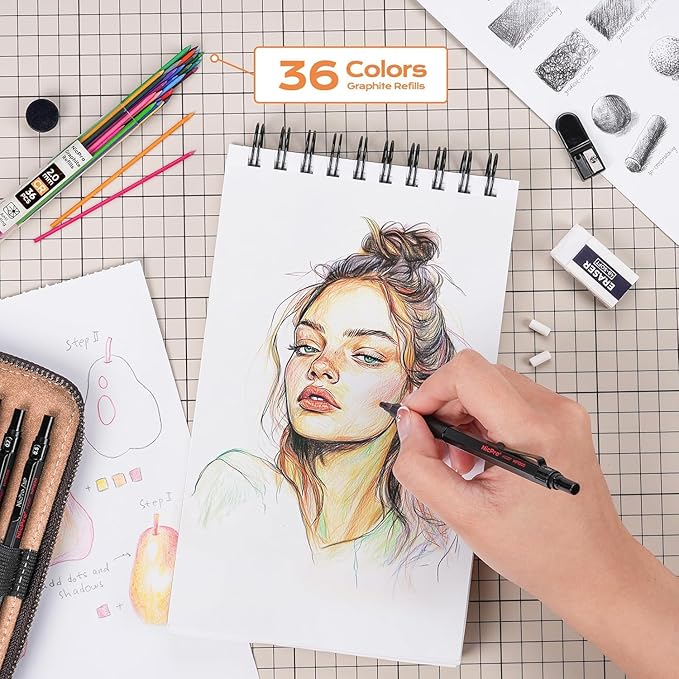 Nicpro 33PCS Black Metal Mechanical Pencil Set in Leather Case, Art Drafting Pencil 0.3, 0.5, 0.7, 0.9 mm, 2mm Lead Holders for Sketching Drawing with 18 Tube (6B 4B 2B HB 2H 4H Colors) Lead Refills