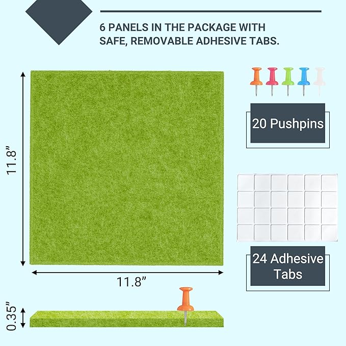 AKTOP Cork Board Bulletin Board 24"x36", 6 Pack Removable Felt Cork Board Tiles for Wall, Large Corkboard Notice Pin Board for Office, School & Home,24 Safe Adhesive Tabs, 20 Push Pins, Grass Green