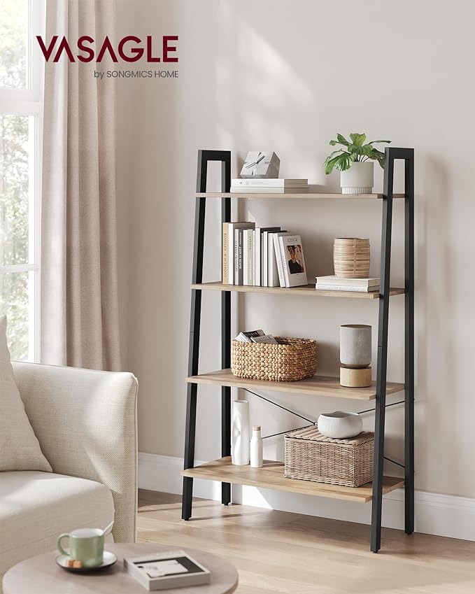 VASAGLE Ladder Shelf, 4-Tier Bookshelf, Storage Rack, Bookcase with Steel Frame, for Living Room, Home Office, Kitchen, Bedroom, Industrial Style, Camel Brown and Ink Black ULLS144B50