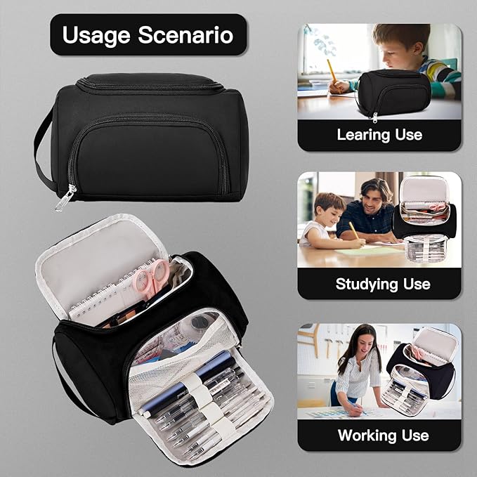 Large Pencil Pouch,Pencil Case Aesthetic,Zipper Pencil Box For Girls Back To School Supplies Emergency Bag Makeup Bag (Black)