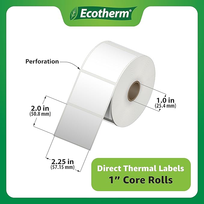2.25" x 2" Thermal Labels | 4 Rolls | 2940 Labels | fits Zebra, Munbyn, Rollo, Godex, Arkscan, iDPRT, Offnova Thermal Label Printers and More | Blank White Adhesive Stickers by Ecotherm