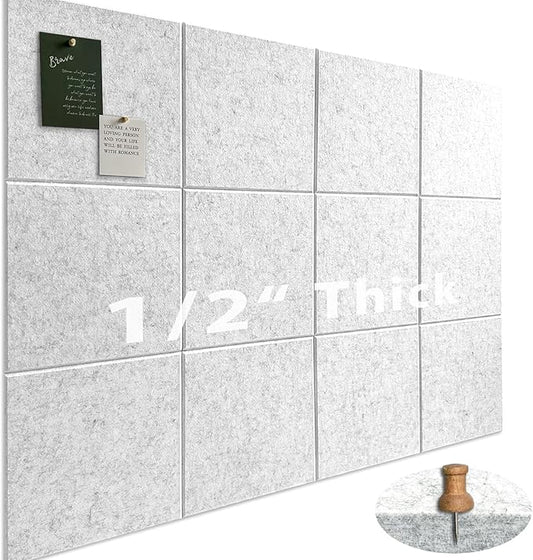 Large Cork Board for Office Wall Decor,48"x36"-12 Pack Felt Wall Tiles with Safe Removable Adhesive Tabs, 1/2" Thick, Felt Bulletin Board Pin Board Cork Boards for Walls - Light Grey