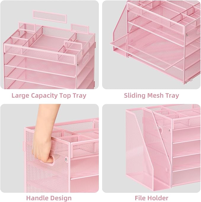 Marbrasse 5-Tier Desk Organizer with File Holder,Paper Letter Tray Organizer,Desktop File Organizer with Adjustable Compartments,Mesh Desk Organizers and Accessories for Office Supplies,Pink
