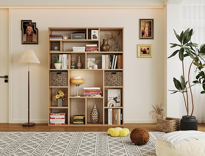 BLANKSPACE 71 Inch Tall Wooden Bookcase, 6-Tier Heavy Duty Storage Shelf with Foldable Storage Baskets - Freestanding Open Shelves for Living Room, Bedroom, Yuzu Oak