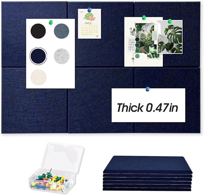 Thick Cork Board for Wall with Pins, 36" x 24" Bulletin Board Self-Adhesive Pin Board | Customized 6 Packs Felt Tiles for Office Home Wall Decor, Navy