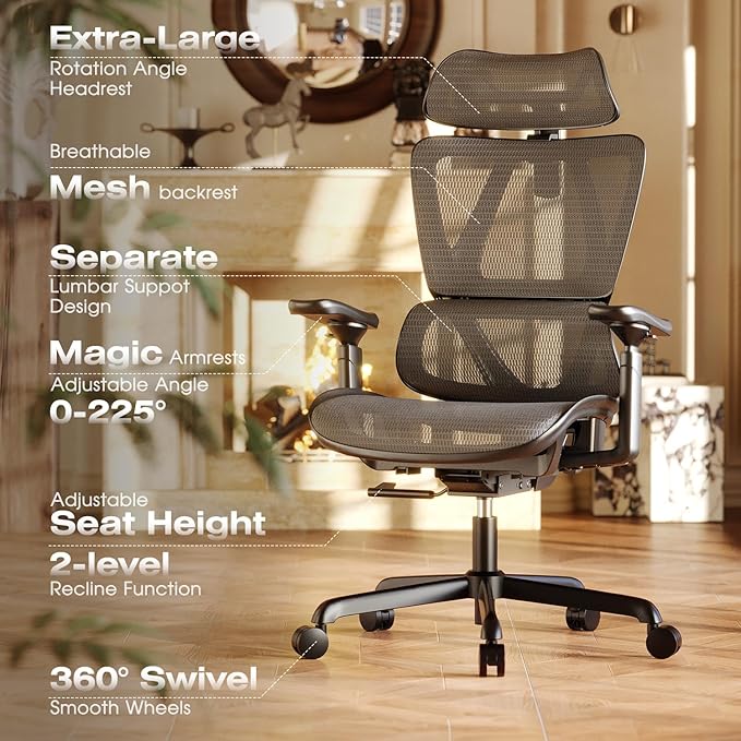T11 Ergonomic Office Chair,High Back Desk Chairs with Separate Lumbar Support,Magic Armrests,Adjustable Wide Headrest,Comfy Executive Computer Chair,Big and Tall Mesh Chair for Home Office