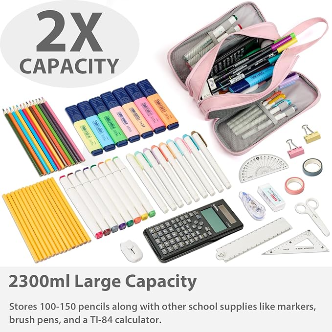 Pencil Case Pouch Box Bag School Supplies Girls Boys Kids, Cute Preppy Stuff Big Capacity Aesthetic Pen Organizer, Back to College Stationary, Pink, Extra Large Style, 2300ml