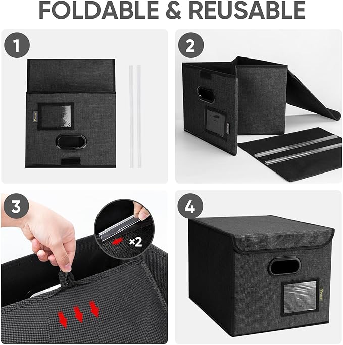 BALEINE File Organizer Box with Lid, Collapsible File Folder Organizer with Plastic Slide, Hanging File Folder Box for Office Document Storage (1 Pack, Black)