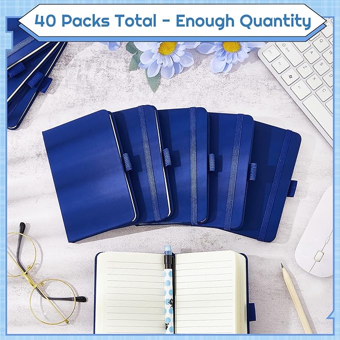 40 Pieces Small Notebooks A6 Pocket Journals 3.5 x 5.5 Inch Small Leather Notebook Mini Ruled Lined Journal with Elastic Band Pen Holder Page Marker Ribbons for Diary School Business Office (Blue)
