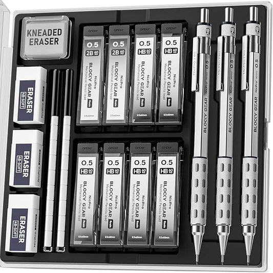 Nicpro 3 Pack Blocky Gear 0.5 mm Metal Mechanical Pencils Set with Case, Lead Drafting Pencil with 8 Tube (480PCS) Lead Refills(HB 2B), 4 Erasers, 18 Eraser Refills for Art Writing, Sketching Drawing