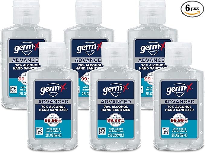 Germ-X Advanced Hand Sanitizer, Back to School Supplies College, Non-Drying Moisturizing Clear Gel, Instant and No Rinse Formula, Mini Travel Size for On-The-Go, 2 Fl Oz (Pack of 6)
