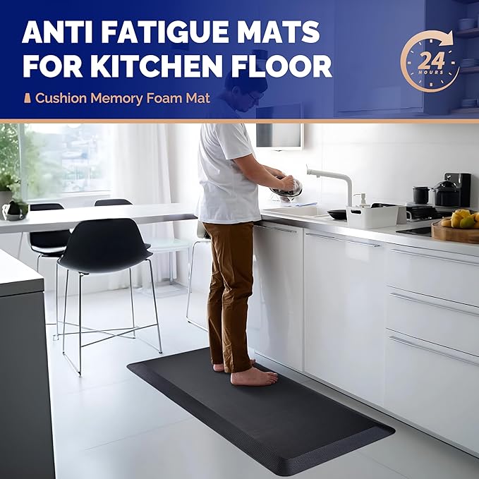 FEATOL 2 Packs Anti Fatigue Mats for Kitchen Floor – 9/10 Extra Thick Standing Cushioned Desk Mat Memory Foam, Ergonomic Floor Padded at Home, Kitchen, Office, Garage – NOT PVC (17" x 24", Black)