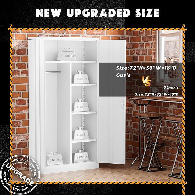 Greenvelly Metal Storage Cabinet Locker with Locking Doors,72" Metal Wardrobe Cabinet, Steel Storage Wardrobe with Hanging for Home Office, Garage, School, Gym（White 36" ×18"）