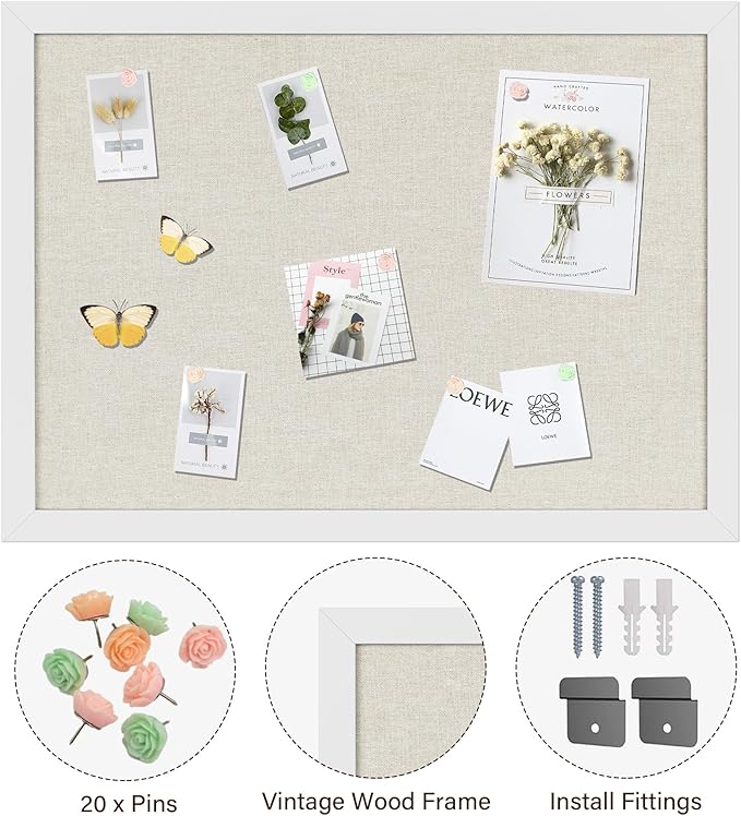 Cork Board Bulletin Board 18" x 24", Large Linen Corkboards with Frame for Walls, Cute Picture Display Pin Board Vision Board for Room School Office Bedroom 20 Pushpins Vintage White