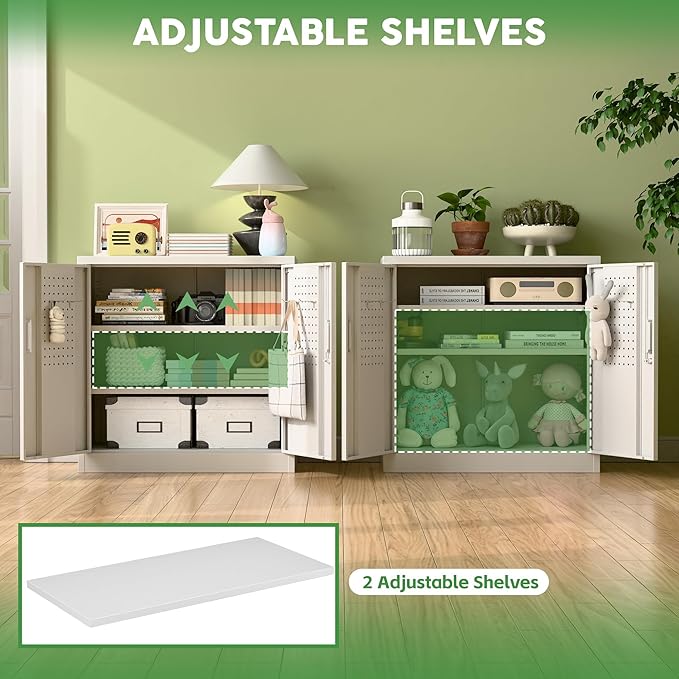 Aobabo 31.5" H Small Garage Storage Cabinet with Pegboard,Lockable File Storage Cabinet with 2 Adjustable Shelves for Garage, Office, School, Assembly Require, White