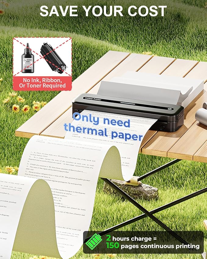 COLORWING Portable Printers Wireless for Travel, 300DPI Mini Compact Inkless Printer, Thermal Bluetooth Printer Compatible with Android and iOS Smartphone & Tablet & Laptop - Black