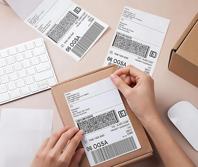 Fanfold 4 x 6 inch Thermal Labels Stack Direct White Strong Adhesive Perforated Postage Shipping Printer Compatible with Zebra SNBC Epson Rollo (500, Fanfold)