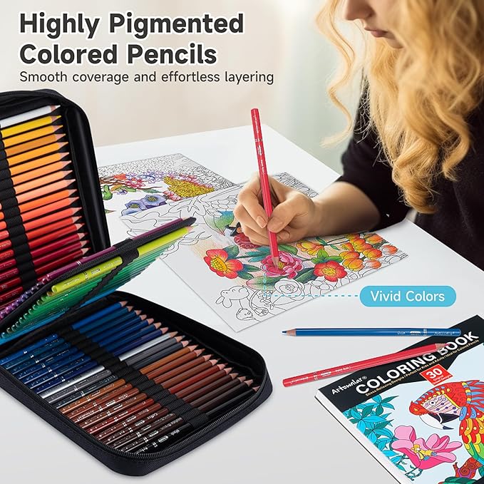 Artownlar Premium 72 Colored Pencils with Coloring Books Set, Artist Soft Core Vibrant Colors, Blending Shading Drawing Sketching Art Supplies, Oil Based Gift Case for Adults Girls Teens.