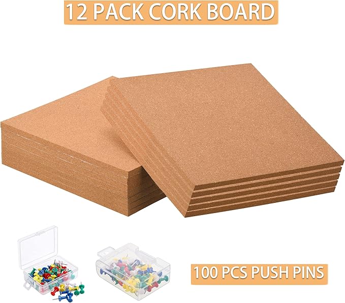 SUNGIFT Cork Board 12"x12" - 1/2" Thick Square Bulletin Boards 12 Pack Cork Tiles with 100 PCS Push Pins Mini Wall Self-Adhesive Corkboards Tiles for Wall