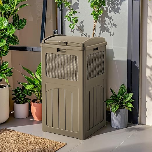 Flamaker 30 Gallon Trash Can, Resin Outdoor Garbage Can with Lid, Waterproof Hideaway Patio Waste Bins for Outside Use (Brown)