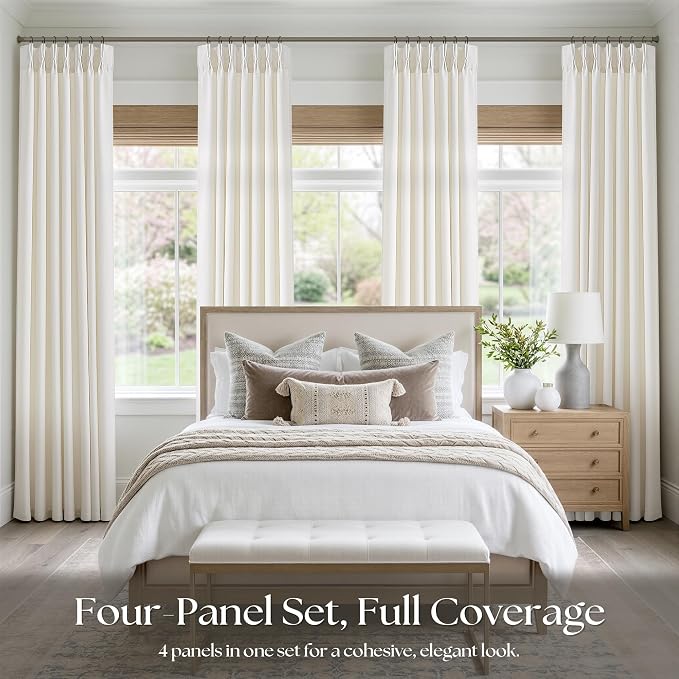 Pinch Pleated Linen Curtains 98 Inches Long 4 Panels Set Ivory Cream Memory - Image 6