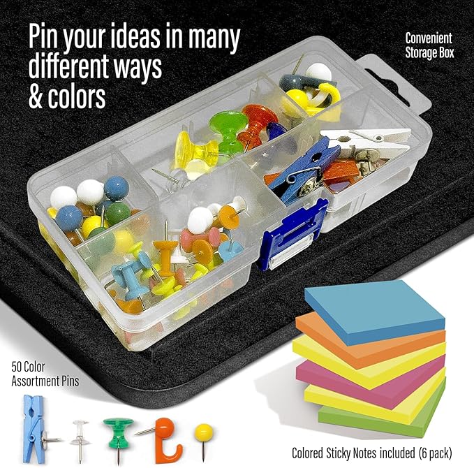 Large Bulletin Board 36 x 18 Inches - Foldable Felt Bulletin Board for Wall, Cork Board Alternative with 50 Color Pins & 6 Note Pads, Vision Board - Black