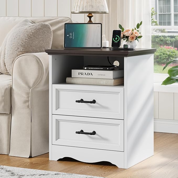 Nightstand with Charging Station, Farmhouse End Table with 2 Drawers Storage, Space-Saving Wood Storage Cabinet with Unique Base Design, Bedside Table for Bedroom, Living Room, White