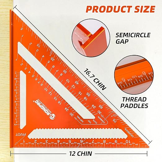 12 Inch Rafter Square, Carpenter Measuring Layout Tool, Aluminum Alloy Triangle Ruler Protractor for Woodworking and Carpentry - Imperial