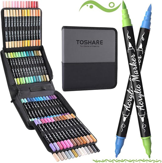 80 Colors Acrylic Paint Markers, Waterproof Dual Tip Acrylic Paint Pens with Brush and Fine Tip, Markers Set for Paper, Rock, Wood, Canvas, Glass, Ceramic and DIY Crafts Making Art Supplies