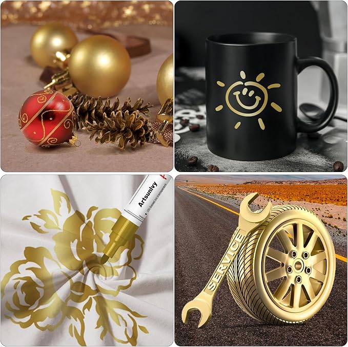 Gold Paint Pens Permanent Markers - 2 Pack Paint Markers for Metal, Rubber,Wood, Rocks, Canvas, Plastic, Dark Surface, Craft Art Supplies, Medium Tip, Quick Dry, Waterproof