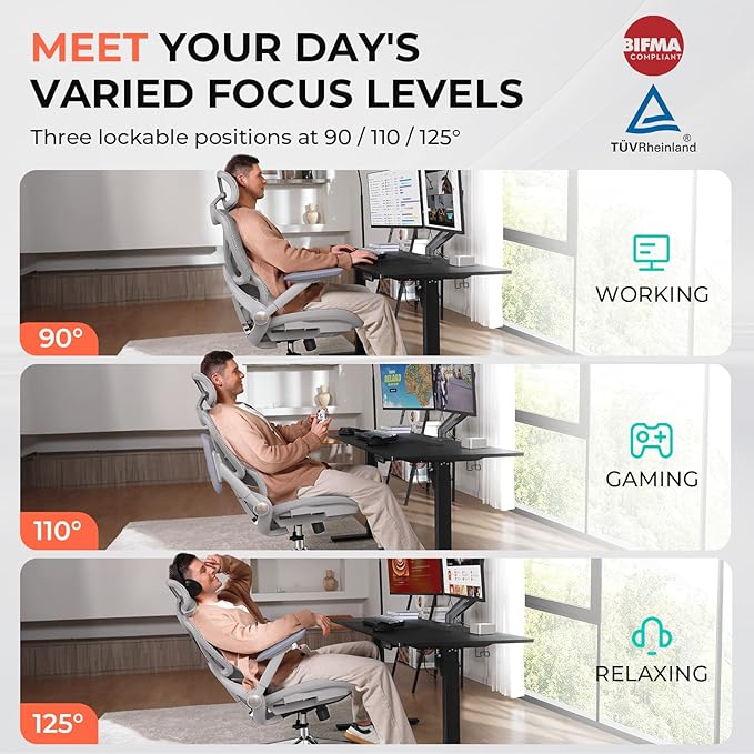 CAPOT Ergonomic Mesh Office Chair, Adjustable Lumbar High Back Desk Chair 400lbs, 4D Flip-up Arms, 3 Tilt Backrest, 3D Headrest, PU Wheels, Swivel Rolling Computer Seating for Long Desk Work - Grey